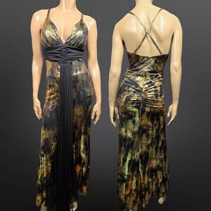 Y2K Art Deco Maxi Dress Womens Size M Gold Glitter Black Slinky Party Cocktail